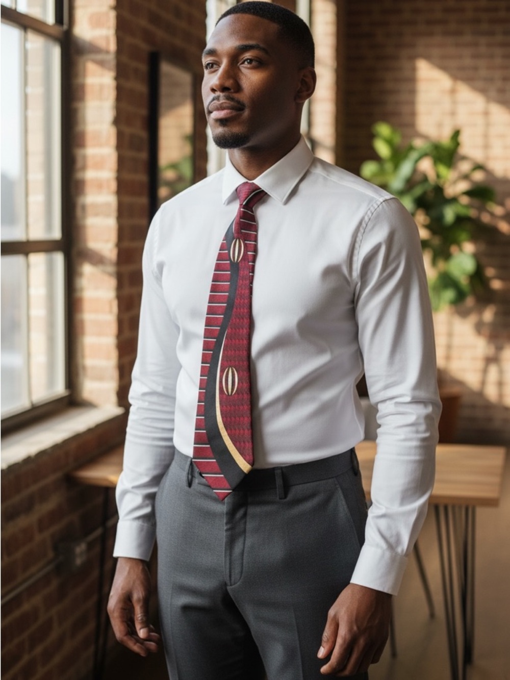 Jordan Craig Red and Black Patterned Silk Tie with Gold Accents